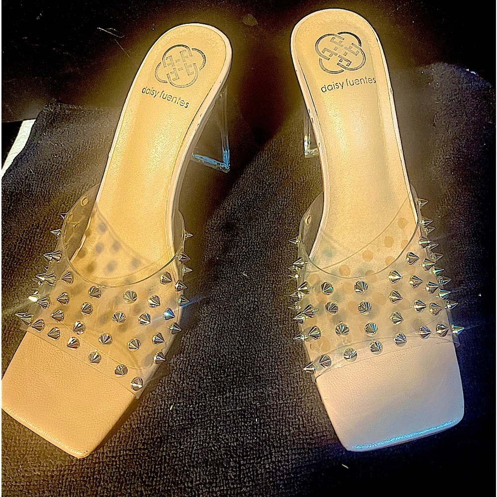 Daisy Fuentes Spikes Studded Square Open Toe Heels, clear/silver, size 9M